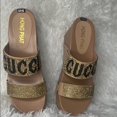 thumbnail image 2 of Off brand Gu-cci Tan Wedge Sandals with Gold Accents, 2 of 4