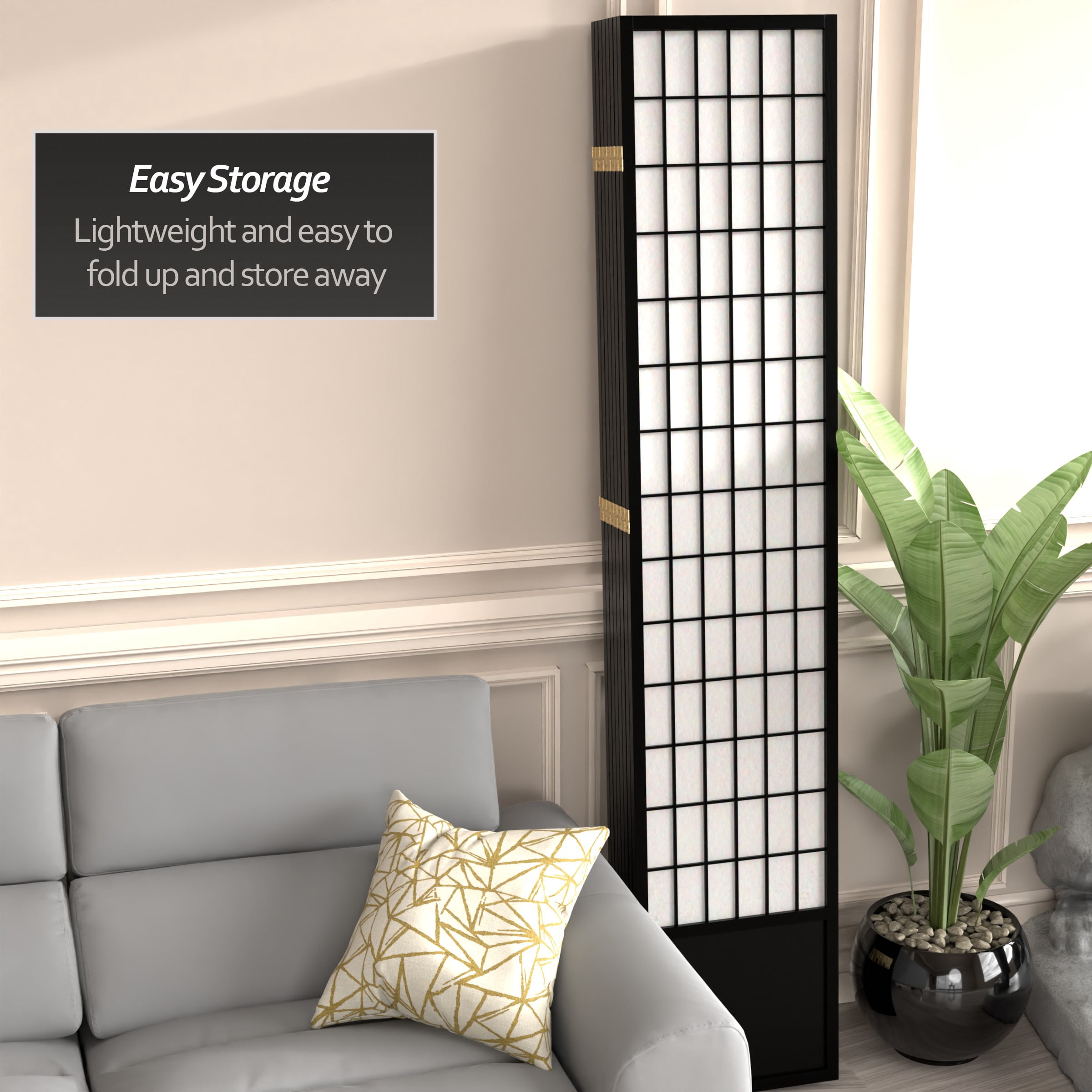 Red Lantern 7 ft. Tall Window Pane Shoji Screen - Black - 8 Panels