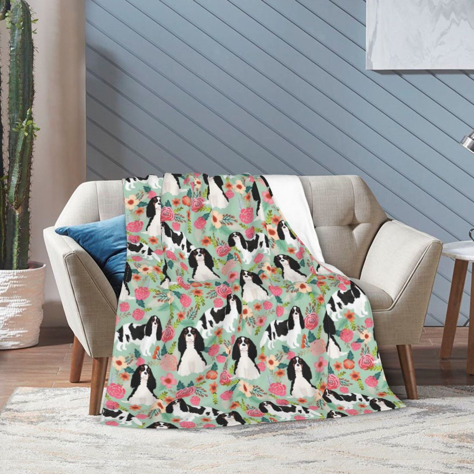 Wijzvio Spaniel Dogs Flower Floral Throw Blanket Soft Fuzzy Fleece Blanket For Couch Bed Living Room Decoration 50"X40"