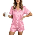 thumbnail image 2 of hoksml Women’s Satin Pajama Set Short Sleeve Button Down Top with Elastic Waist Shorts Breathable Sleepwear Lounge Set for Women, 2 of 7