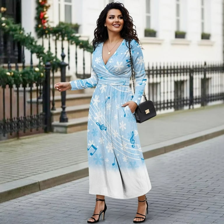 Fkelyi Fall Maxi Dress for Women Long Sleeve A-Line Flowy Dresses with Side Pockets Blue Musical Note Snowflake Print V Neck Casual Dress for Spring