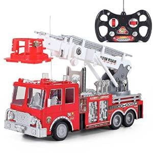 Prextex 13'' Rescue R/c Fire Engine Truck Remote Control Fire Truck Best Gift Toy for Boys with Lights Siren and Extending Ladder by