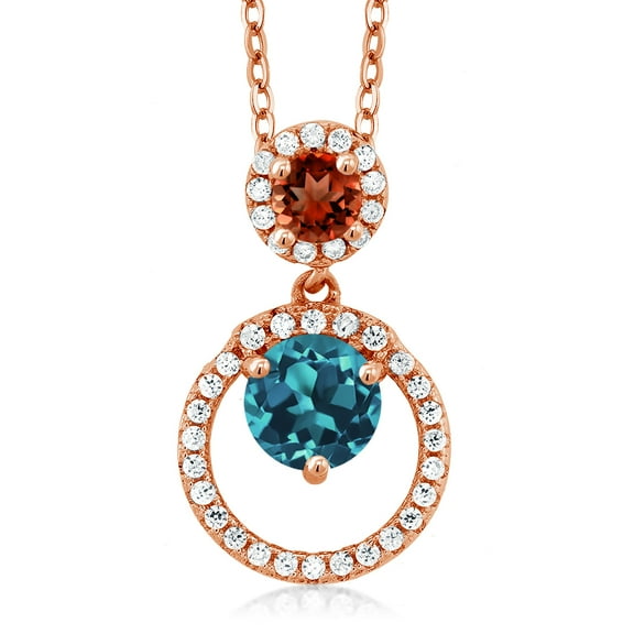 Gem Stone King 18K Rose Gold Plated Silver London Blue Topaz and Red Garnet Pendant Necklace for Women (2.07 Cttw, Gemstone November Birthstone, Round 6MM and 4MM)