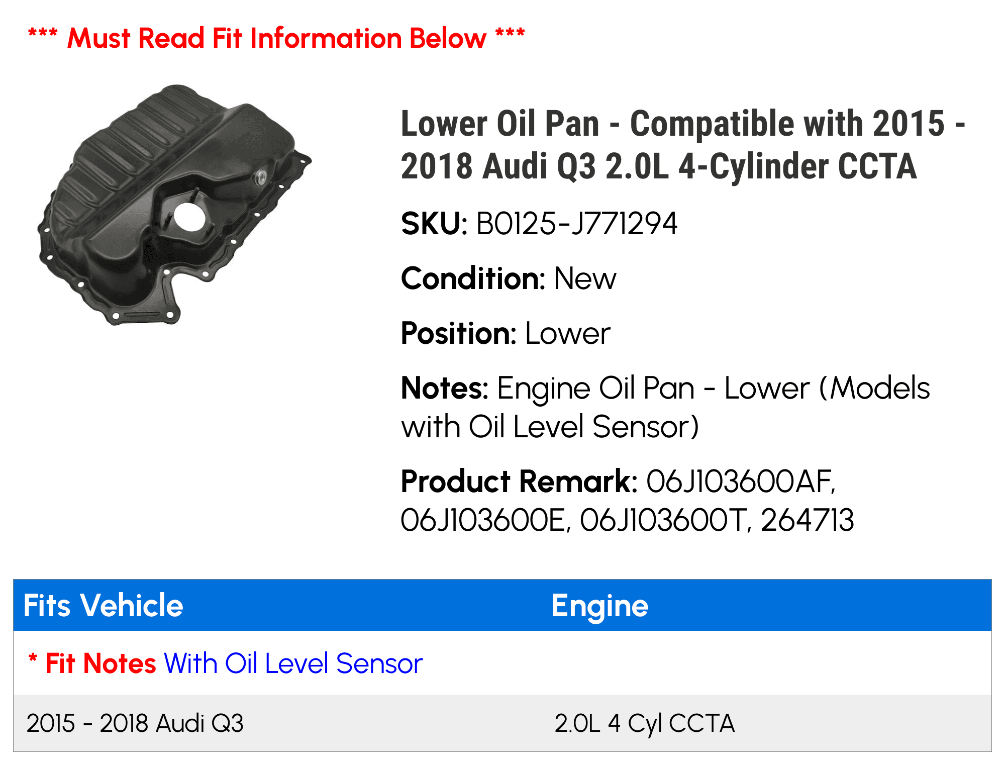 Lower Oil Pan - Compatible with 2015 - 2018 Audi Q3 2.0L 4-Cylinder CCTA - Replacement