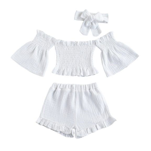 MXIEZI Girls Cute Summer Outfits for Toddler Kids Off Shoulder Flared Sleeve Top and Ruffle Shorts with Hairband 3PCS Set Stylish and Adorable Childrens Clothing Size 1-6T