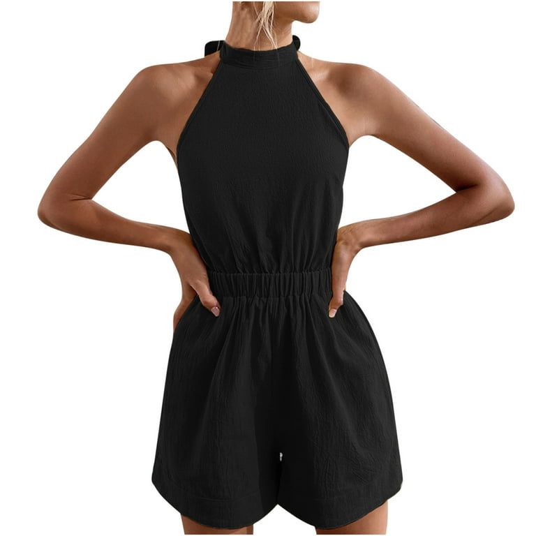 Aueoeo Cute Jumpsuits for Women, Women's Summer Casual Sleeveless Jumpsuits  Solid Color Wide Leg Shorts Halter Jumpsuit Sexy Rompers with Pockets