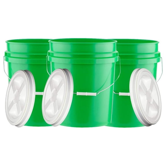 5 Gallon Plastic Food Grade BPA Free Bucket Pail with Screw on Air Tight lid (Pack of 3) Made in USA pails White,green