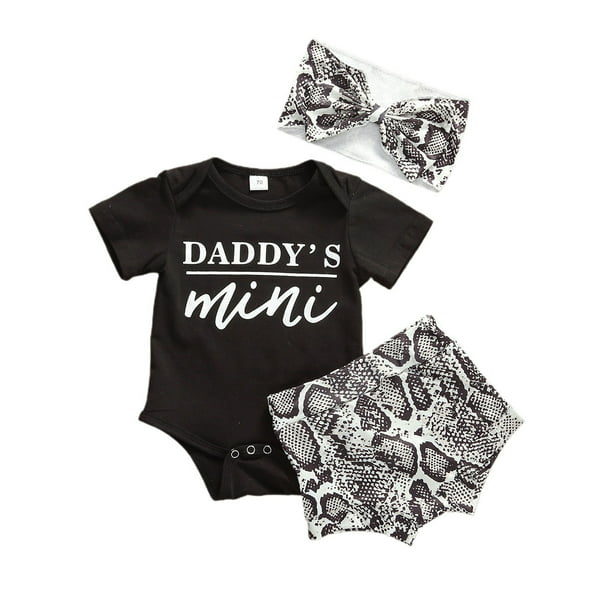 Summer Infant Baby Girls Clothes Sets 3Pcs Daddys Mini Letter Print  Bodysuit Shorts Bow Headband Outfits for Baby Girl 0-18M 