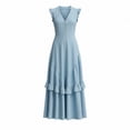 thumbnail image 5 of LNWUY Women's Summer V Neck Boho Maxi Dress Cap Sleeve Button Down Ruffle Layered Wedding Guest Flowy Long Dresses Blue L, 5 of 8