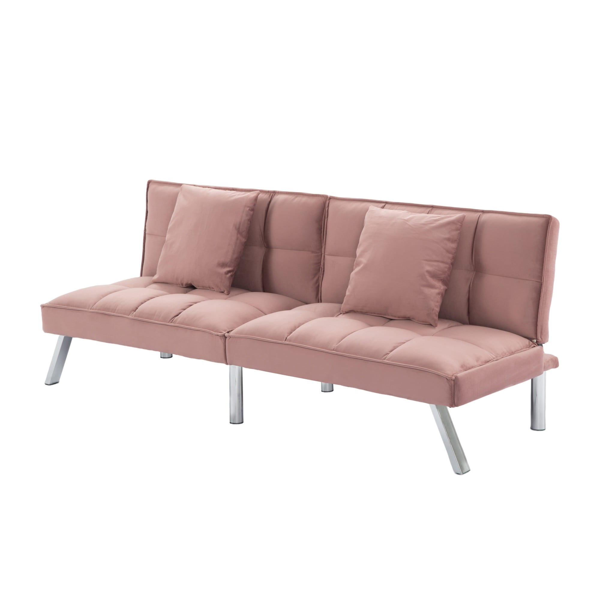 Gewnee Pink 67.7” Velvet Futon Sofa Bed, Modern Love Seat with Adjustable Backrest, 2 Throw Pillows, Suitable for Home, Office & Guest Room