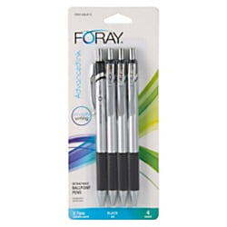 - FORAY® Advanced Ink Retractable Ballpoint Pens, Needle Point, 0.7 mm, Silver Barrel, Black Ink, Pack Of 4