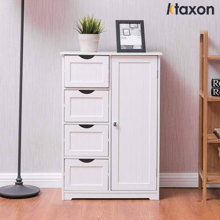 Ktaxon Wooden Bathroom Floor Cabinet Side Storage Organizer Cabinet with 4 Drawers 1 Cupboard & 2-Shelves MDF White