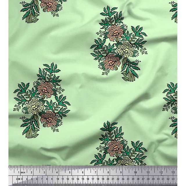 Soimoi Poly Georgette Fabric Leaves & Floral Block Printed Craft Fabric by The Yard 52 Inch Wide