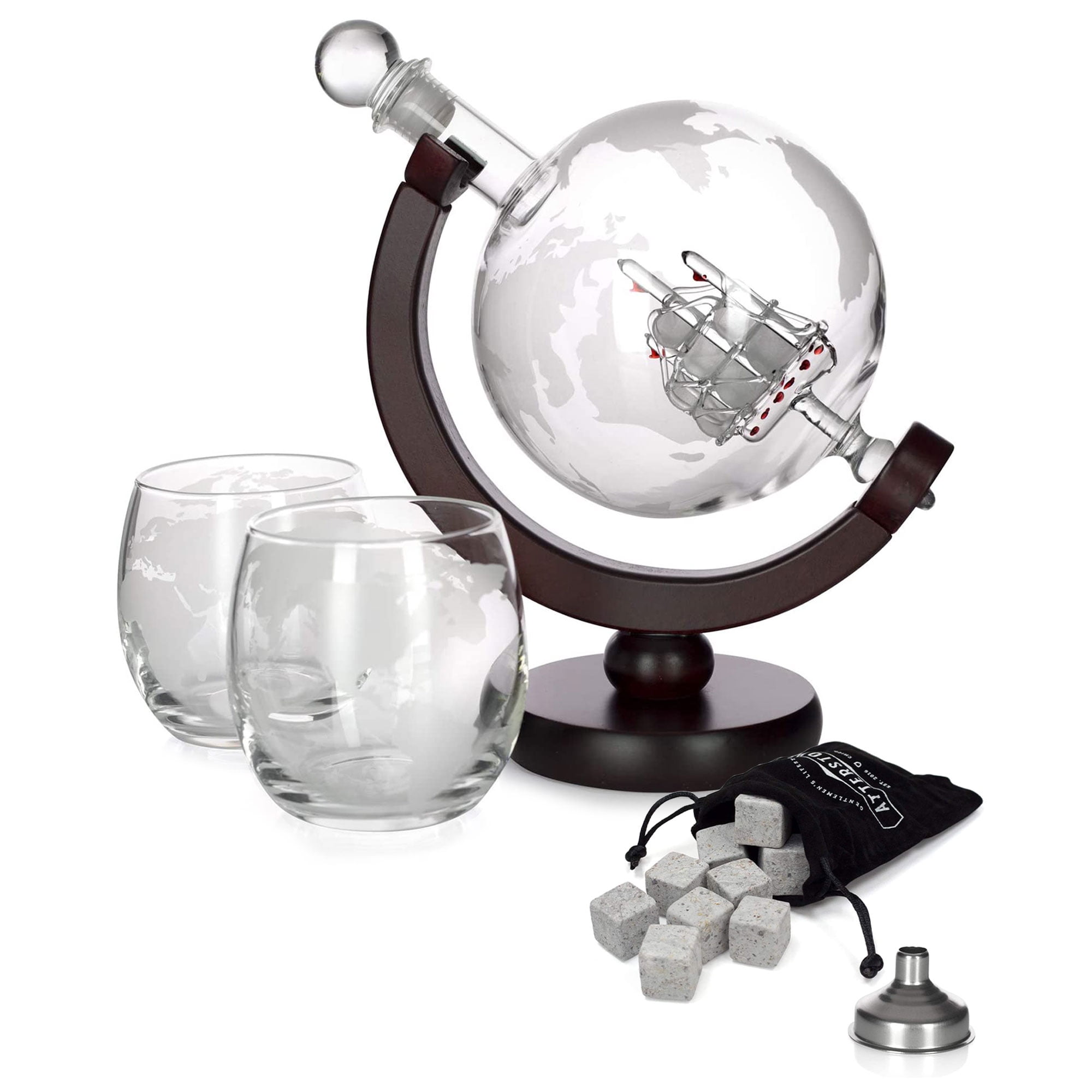 ACAMPTAR Glass Globe Decanter Set with Whiskey Glasses Wood Stand Funnel Accessories Home Dining Bar Decoration