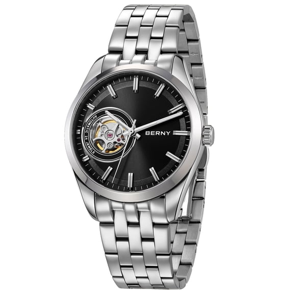 BERNY Automatic Watch for Men, Luxury Mechanical Watches, Stainless Steel Band, Sapphire Glass, 5ATM Waterproof, Open-Heart Dial Design, Business Men's Wristwatch, Black