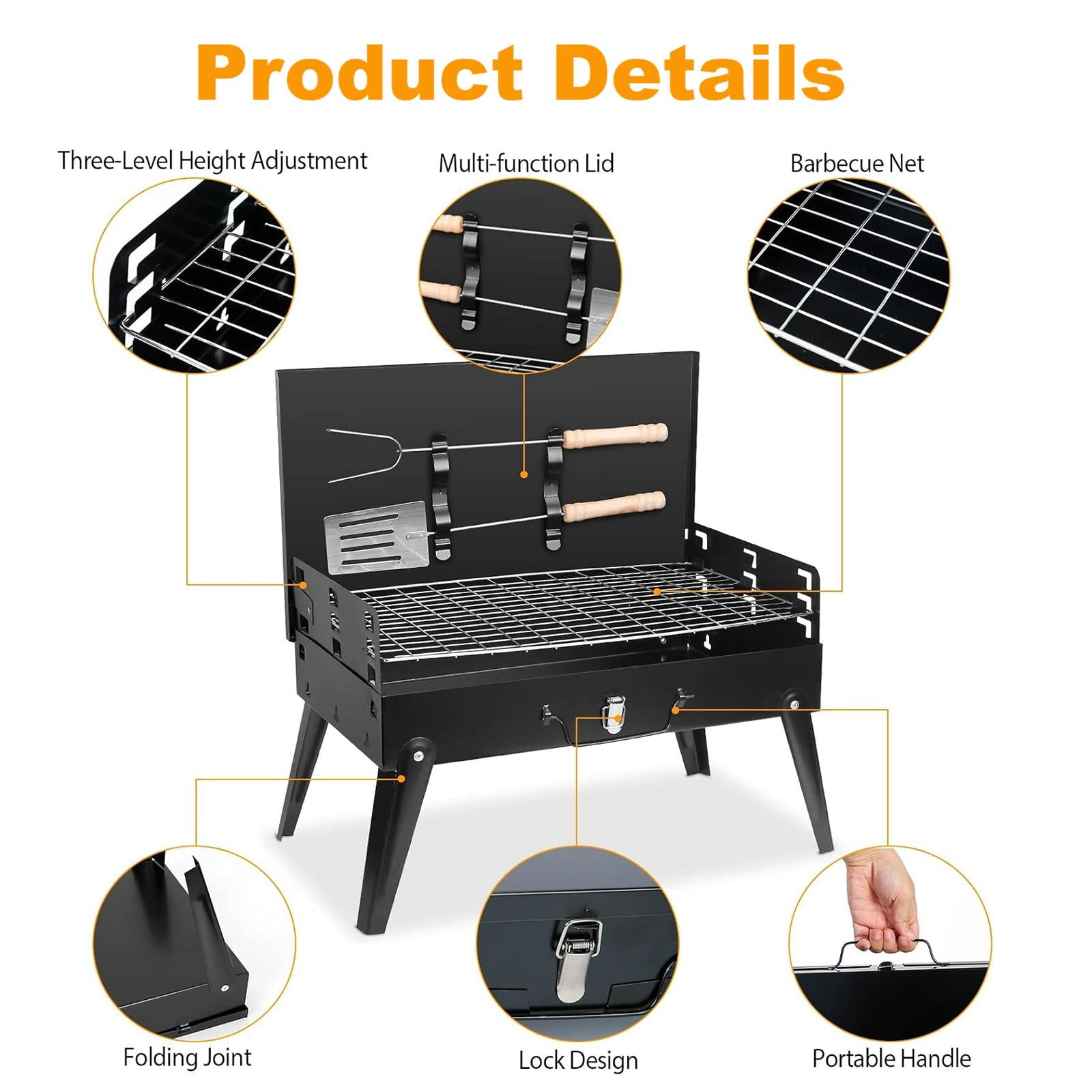 Portable Charcoal Grill, Small Foldable Tabletop BBQ Grill with Lid & Barbecue Accessories, Mini Charcoal Barbecue Grill for Outdoor Camping Cooking Picnic Beach Patio (18.5 x 10.62 x 18.11in, Black)