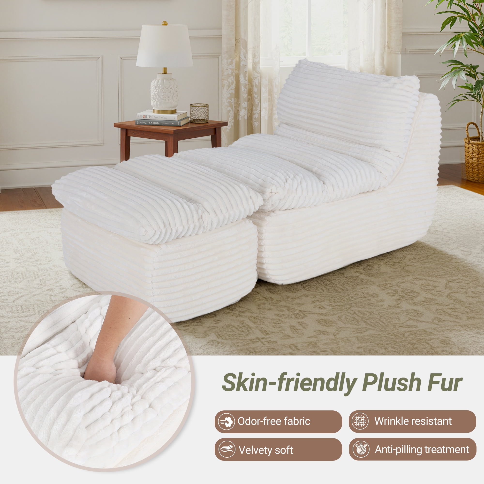 EOP Big Bean Bag Lounger Chair, Chaise Lounge Chair Indoor, Comfy Upholstered Sleeper Sofa Bed with Compressed Memory Foam, No Assembly Required, Beige