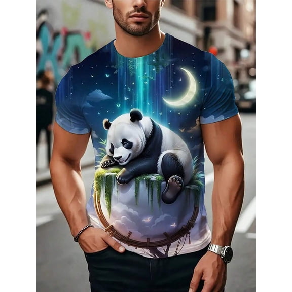 Men's Plus Size 3D Panda Print T-Shirt - Cute & Dreamy Moonlit Night Panda & Rayon Design, Soft Round Neck Casual Streetwear, Breathable Polyester,