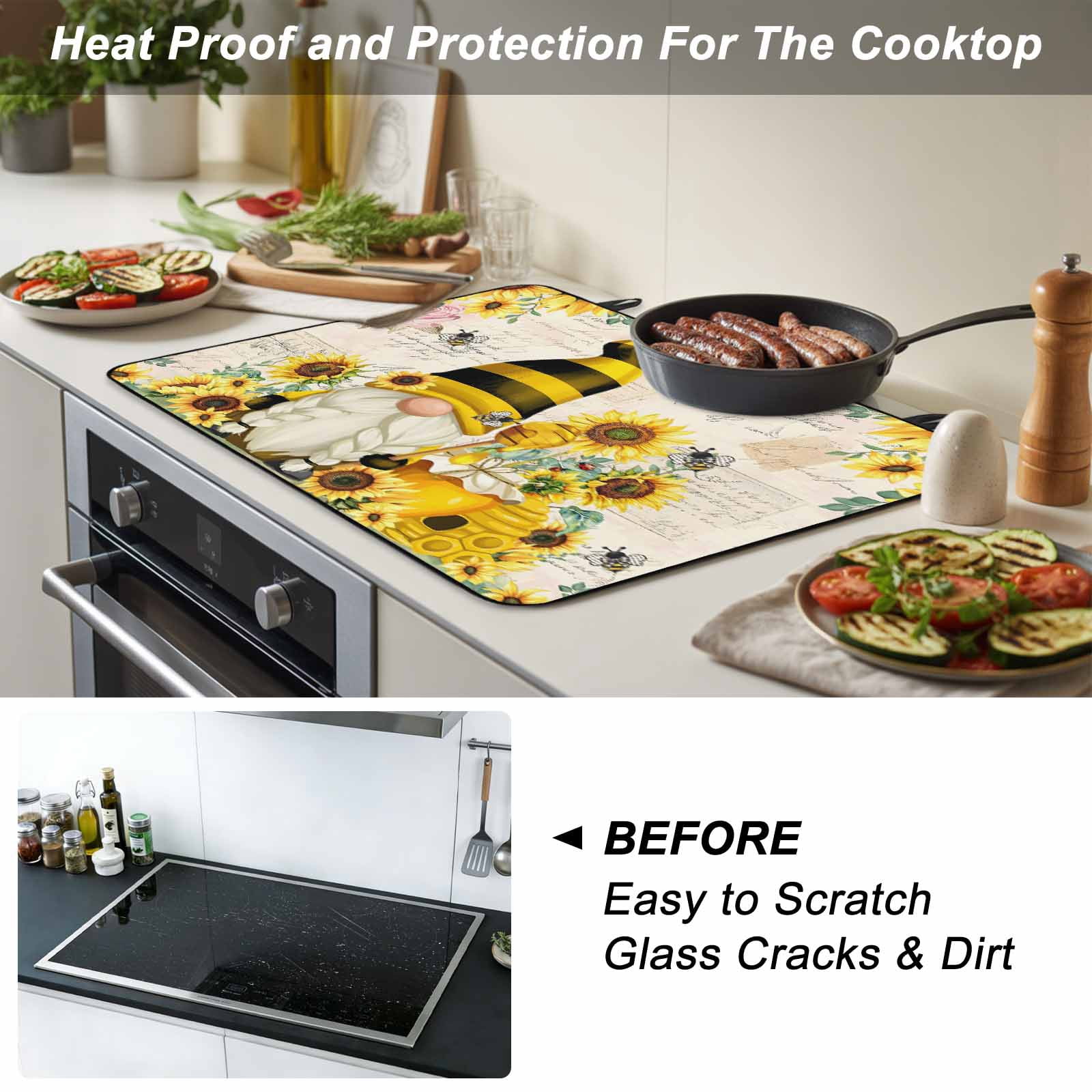Yellow Gnomes Stove Top Cover for Electric Stove, Heat-proof & Non Slip Glass Top Stove Cover Protector, Sunflower Floral Bee Vintage Kitchen Flat Cooktop Rubber Mat 24x21 Inches