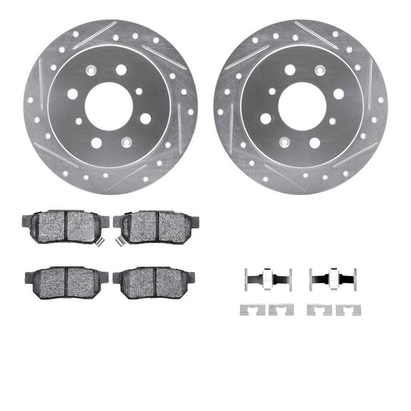 Dynamic Friction Company Rear Brake Rotors-Drilled and Slotted-Silver with 5000 Advanced Brake Pads includes Hardware 7512-59009