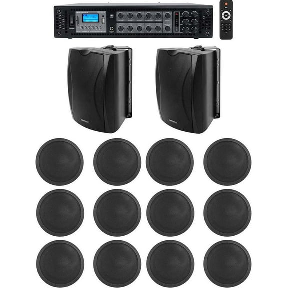 (2) 6.5" Black Wall (12) 6" Ceiling Speakers Commercial Amp 4 Restaurant/Office