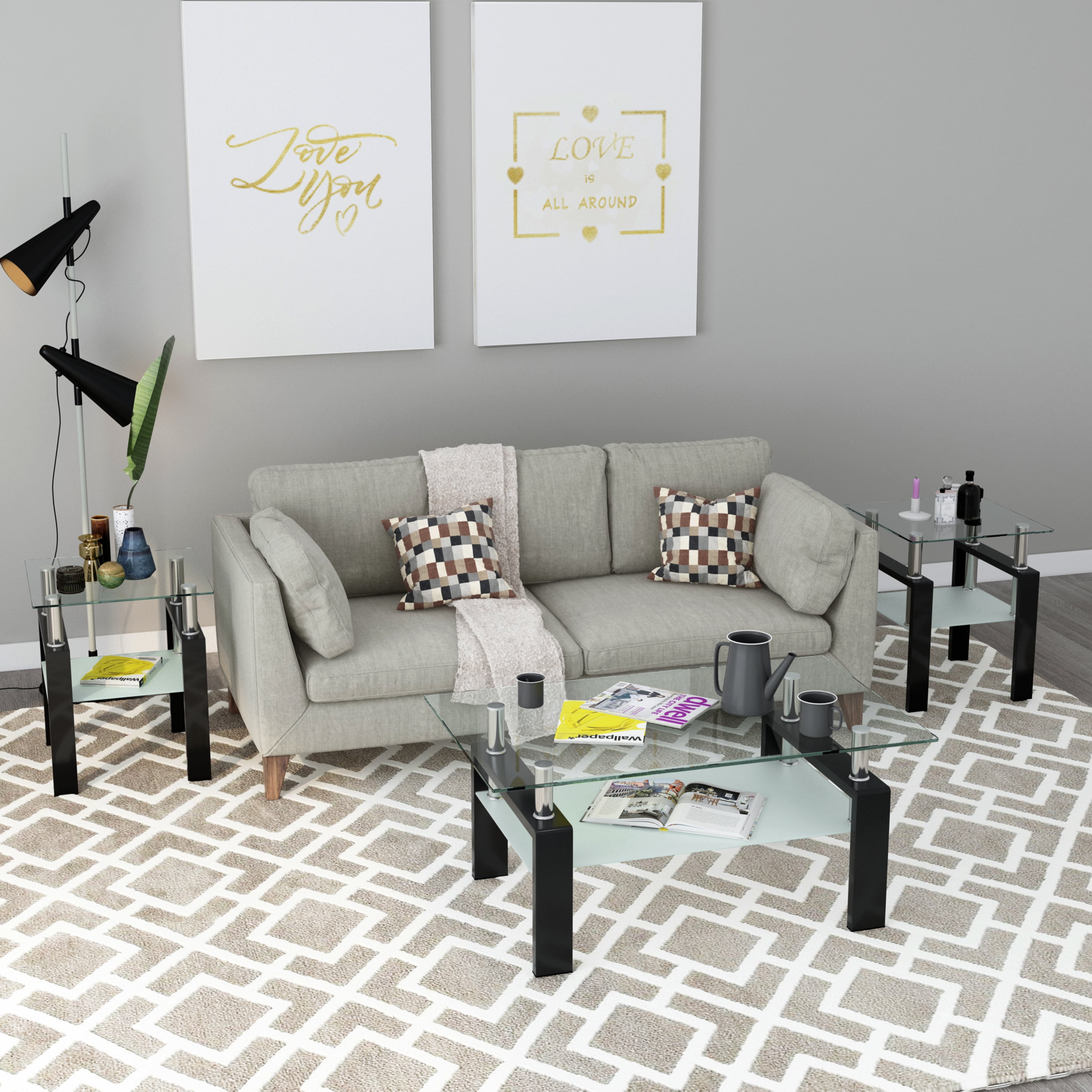 MAYEERTY Modern Square Tempered Glass Coffee Table – Transparent & Black End Table for Living Room