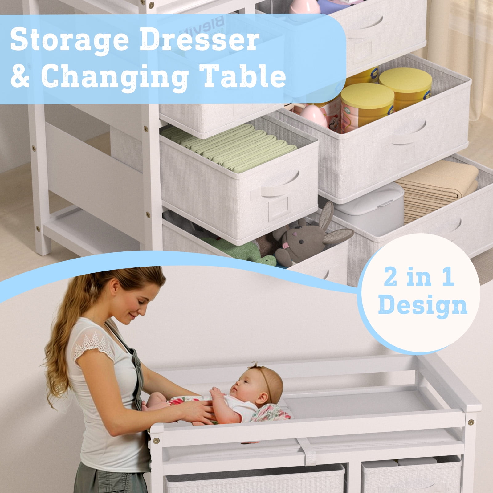 YUFU Baby Changing Table Diaper Changing Station with 6 Fabric Drawers Changing Pad, White