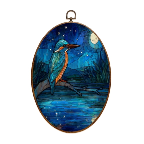 Canvas Wall Art Indigo Night Sky Shimmering Stars Stained Glass texured Art Oval Framed Canvas Prints Vintage Wall Hanging Decor for Home Decorations 8.6"x11.4"
