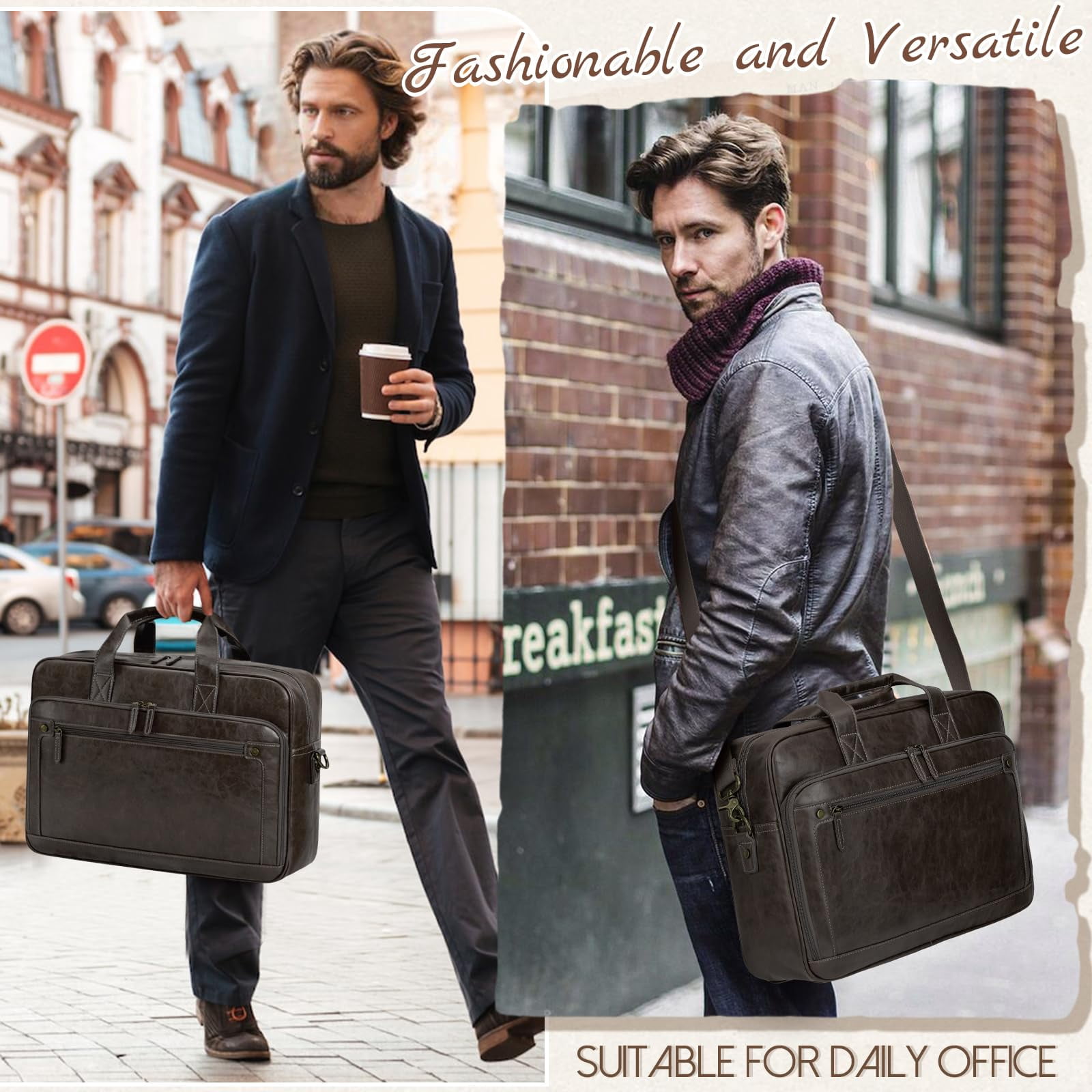 RAINSMORE Mens Laptop Bag 16 Inch Leather Briefcase Vintage Messenger Bag for Men Large Crossbody Shoulder Office Computer Bag Retro College Satchel Bag for Work, Business,Travel,Coffee