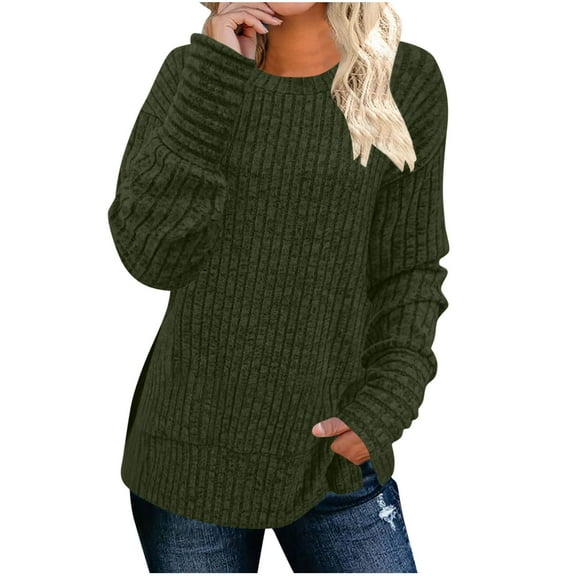 Busydd Womens Tops Fall Trendy Solid Color Ribbed Crewneck Sweatshirt Casual Versatile Long Sleeve Tops for Women L