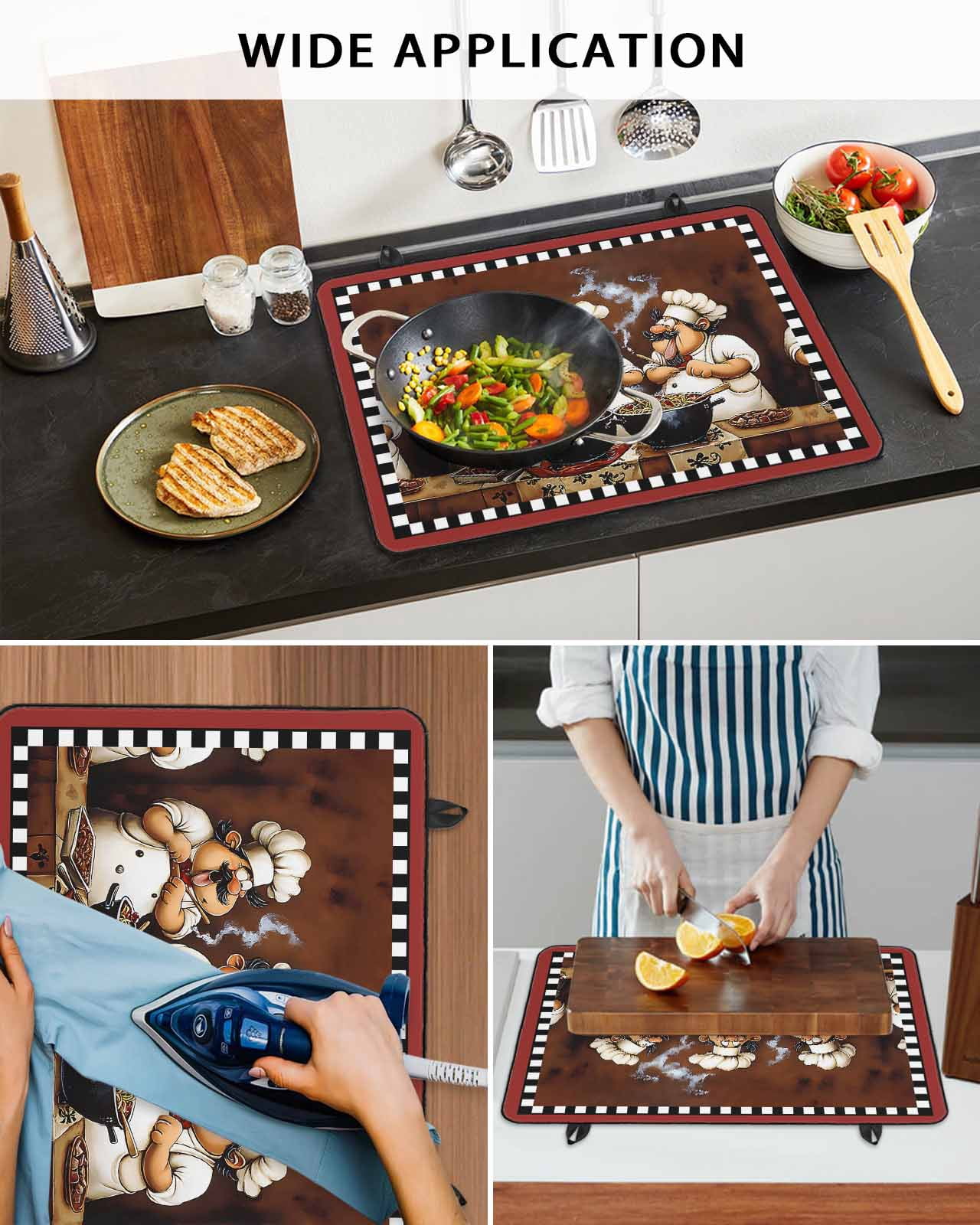 nqOlkjepod Large Induction Cooktop Protector Mat 28.5"x20.5", Fat Chef Stove Top Covers for Electric Stove, Cartoon Vintage Black Check Plaid Stove Burner Cover Mats, Glass Top Stove Cover
