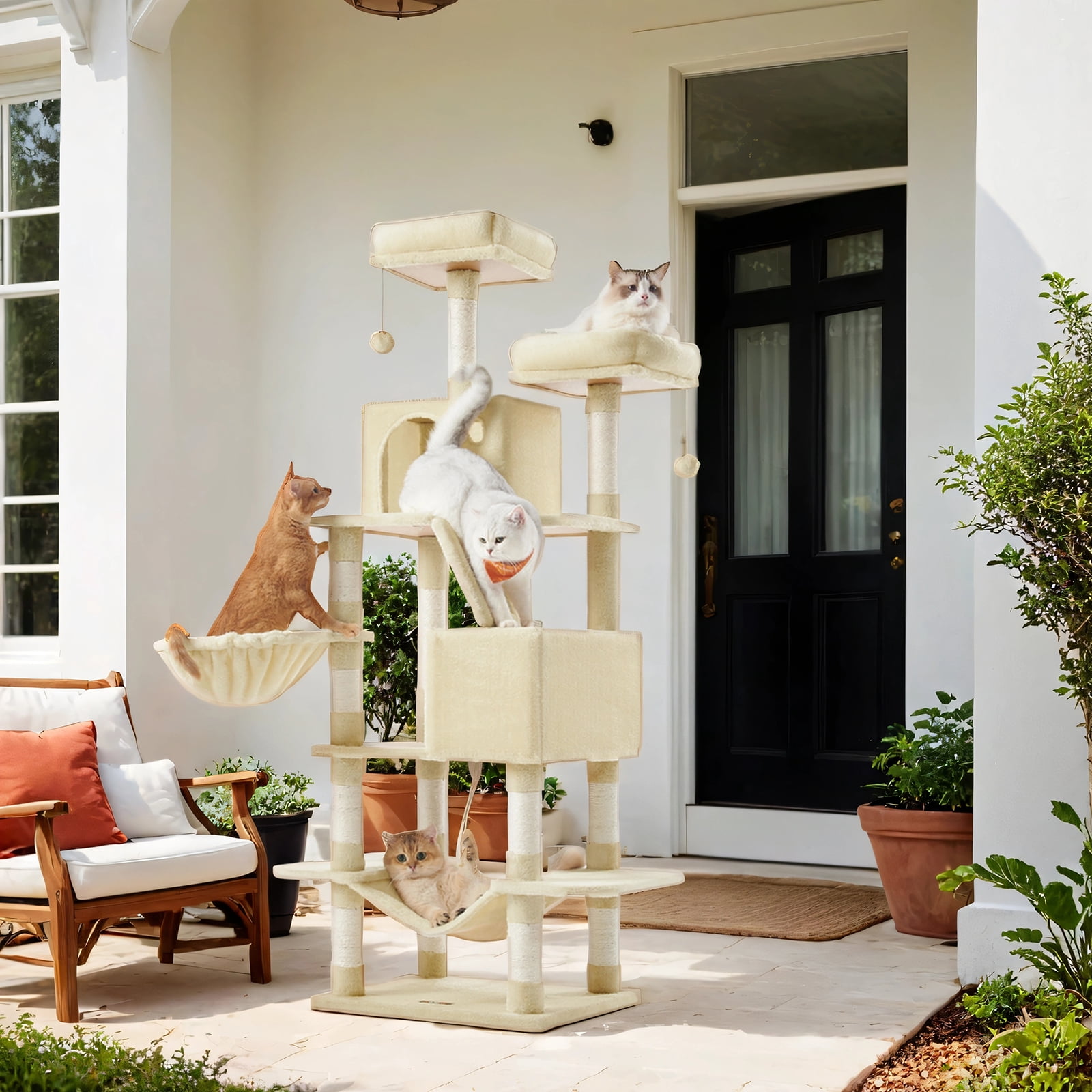 LEDREM 66.1" Large Cat Tree - 13 Scratching Posts, 2 Perches & 2 Caves, Multi-Level Plush Cat Condo with Hammock, Beige