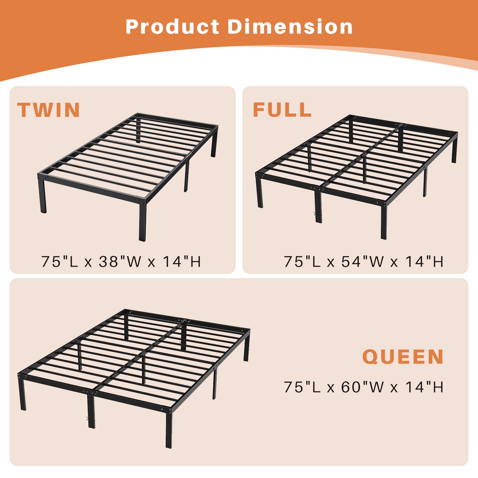Queen Size Metal Platform Bed Frame, Heavy Duty Mattress Foundation with Steel Slats Support, No Box Spring Needed, Black