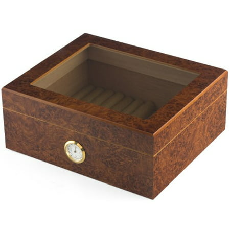 Burl Wood 50 Count Glass Top Cigar Humidor with Front Mount