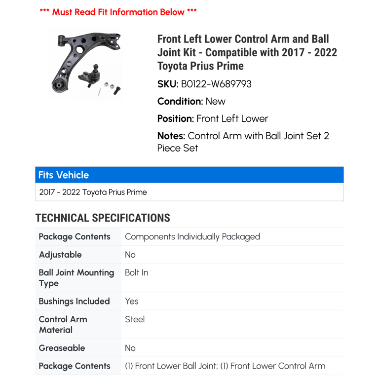 2017 Toyota Corolla Front Passenger Side Lower Control Arm w/Ball Joint