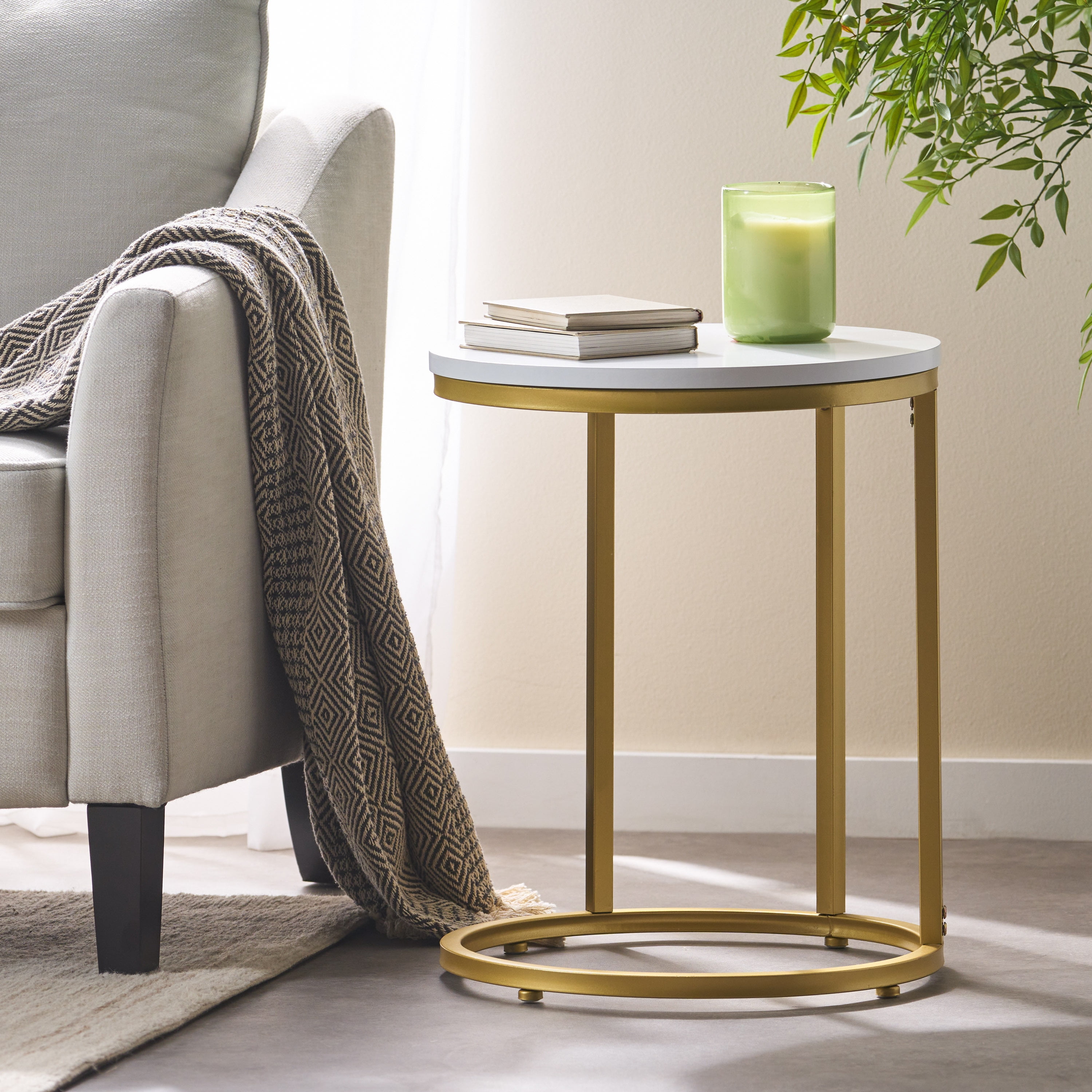 Euroco Round End Table,Modern Side Table Nightstand with Metal Frame and C-Shape Design for Small Space,Living Room, Bedroom