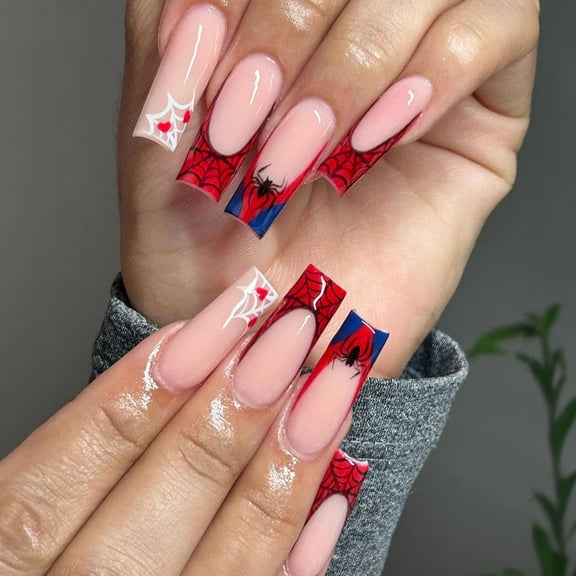 Halloween Press on Nails Long Coffin Acrylic Black Red Ombre Full Cover Fake Glossy Simple False Halloween Stick on Nails for Women 24 Pcs Black Red Spider Web