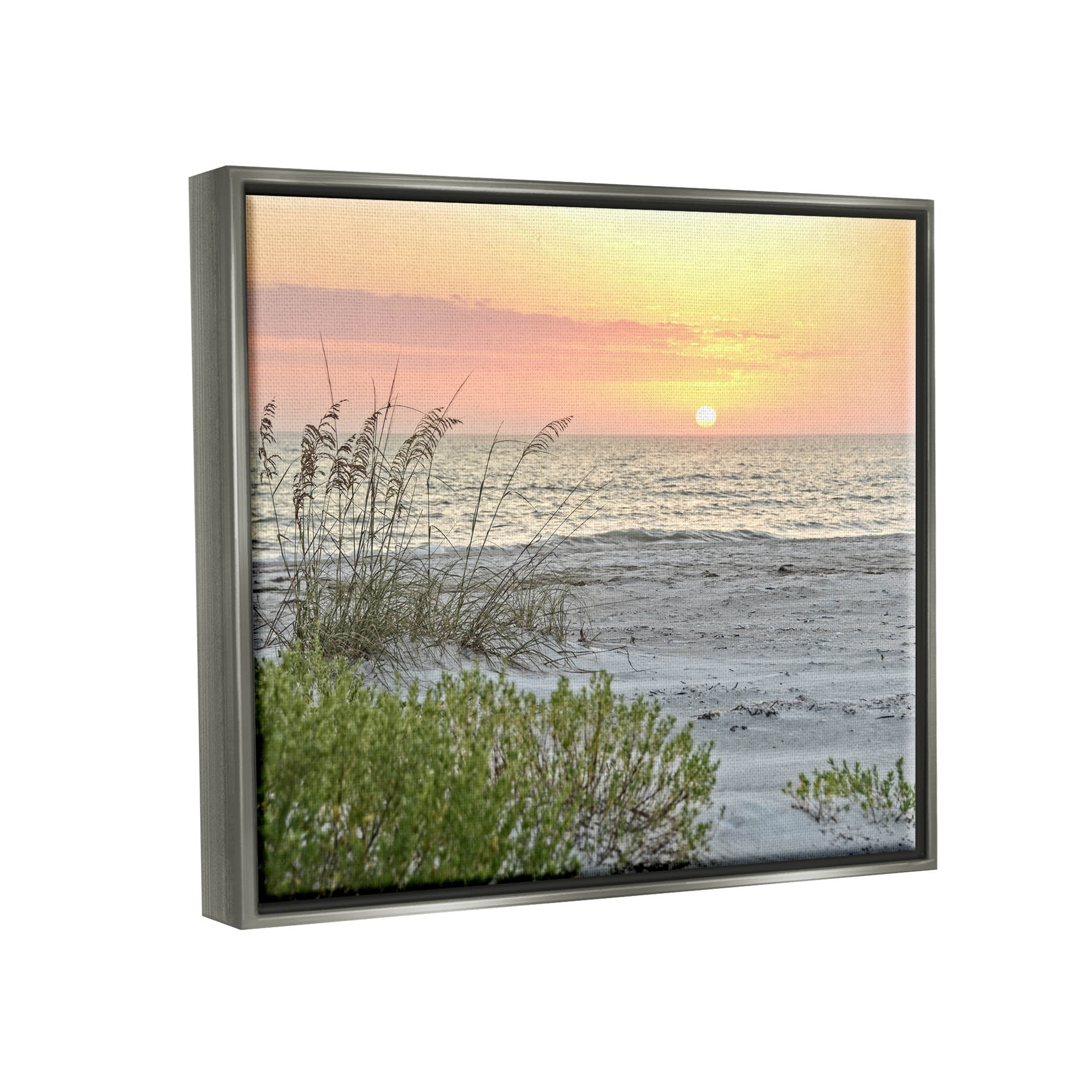 Stupell Industries Ocean Shore Reeds Sunset Horizon Photograph Luster Gray Floating Framed Canvas Print Wall Art, Design by Mary Lou Photography