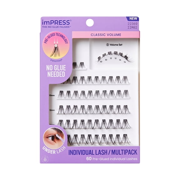 Kiss Impress Pre-Glued Individual Lashes Multipack, Classic Volume, 60 Lash Clusters