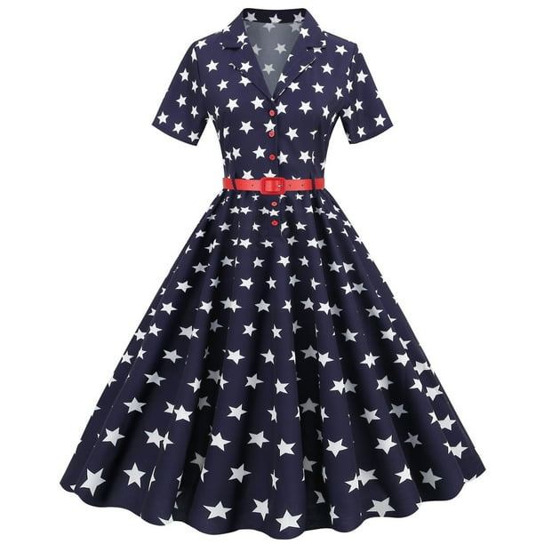 WILLBEST Vestidos de Algodon para Mujer, Estilo Retro de Los Años 50, Manga Corta, Cuello En V, Estampado de Bandera, Vestido de Fiesta de Graduación Mediana