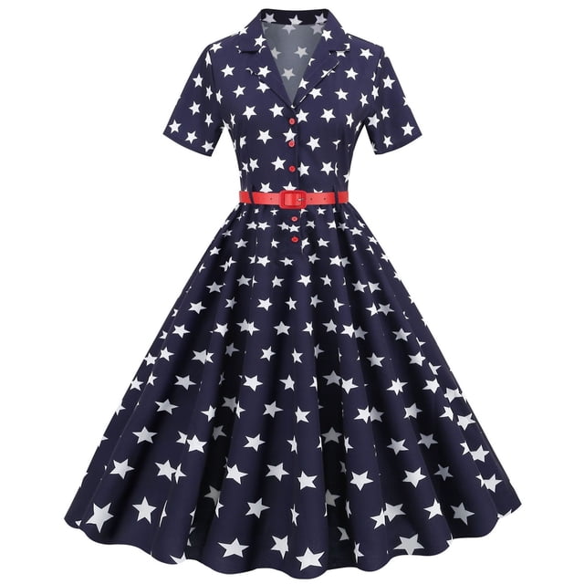 WILLBEST Vestidos de Algodon para Mujer, Estilo Retro de Los Años 50, Manga Corta, Cuello En V, Estampado de Bandera, Vestido de Fiesta de Graduación Chica