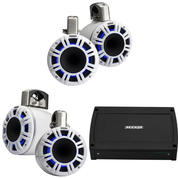 Kicker Marine 4 Ch Amp W/ 6.5" & 8" LED KMXL White Tower Speaker Audio Upgrade ( 48KXMA500.4,51KMTCXL65W,  51KMTCXL8W)