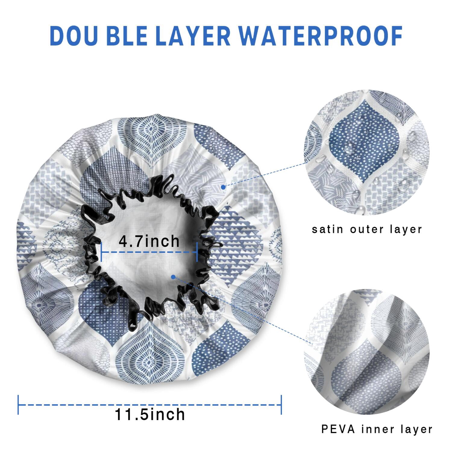 Shower Caps,Blue and White Geometric Quatrefoil Pattern Waterproof Shower Cap for Women 4 Pieces,Double Reusable Hair Cover for Shower PEVA Elastic Stretch Hem