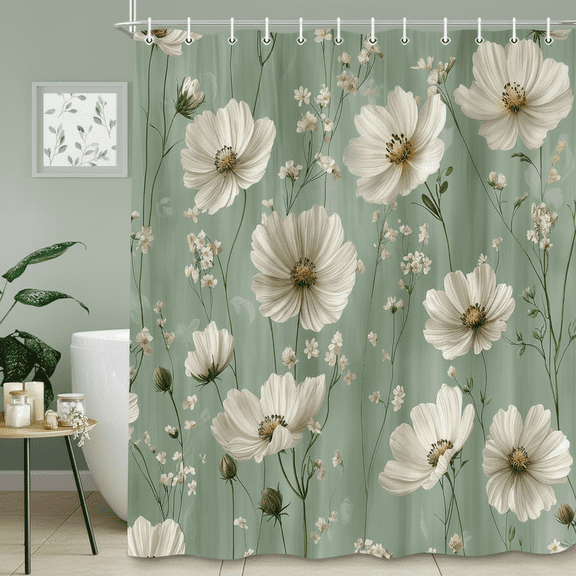 Sage Green Floral Shower Curtain, Boho White Flower Plant Botanical Vintage Elegant Chic Bathroom Curtains, Farmhouse Country Shower Curtain Set with 12 Hooks for Bathtub Bathroom Decor, 60x72 Inches