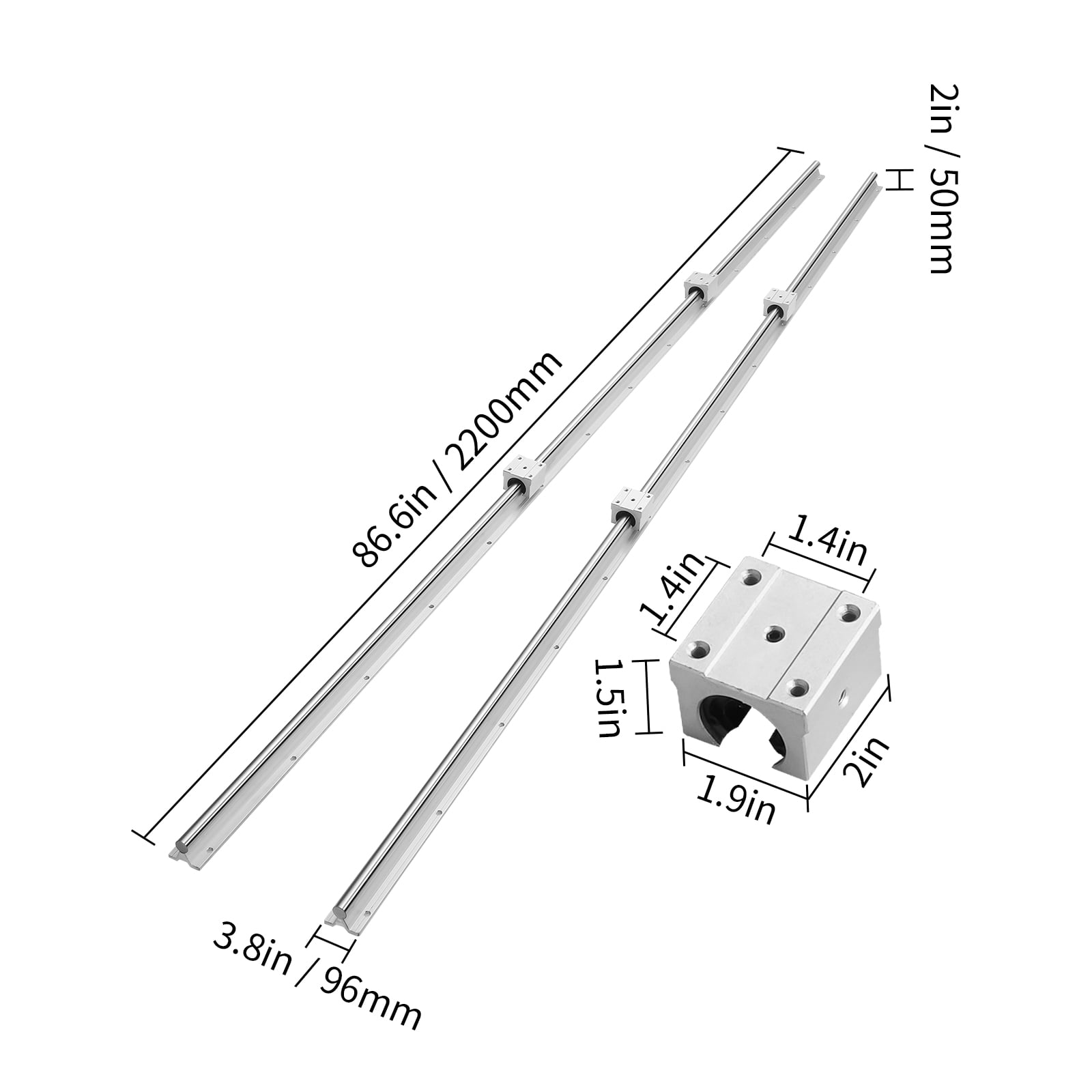 KFFKFF 2PCS SBR20 2200mm Linear Guide Rail Slide Rail 4 PCS SBR20UU Bearing Block