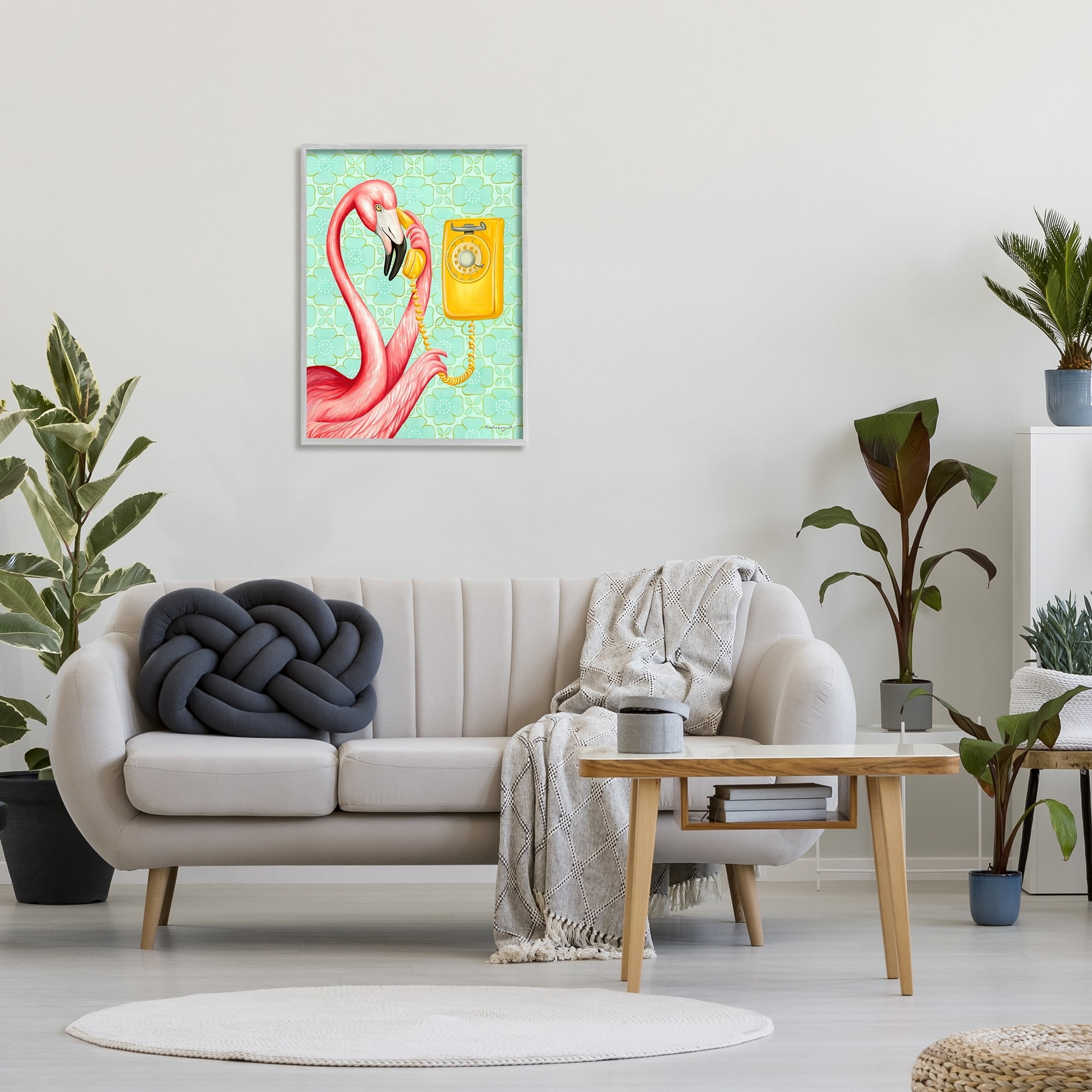 Stupell Industries Flamingo Using Retro Telephone Patterned Flower Motif Graphic Art Gray Framed Art Print Wall Art, Design by Amelie Legault