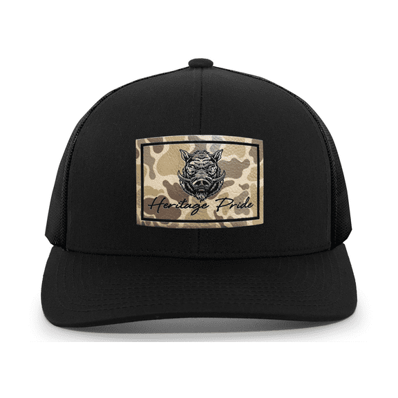 Heritage Pride Wild Boar Hog Pig Hunting Outdoors Engraved Camo Leather Patch Mesh Back Trucker Hat, Black/Black