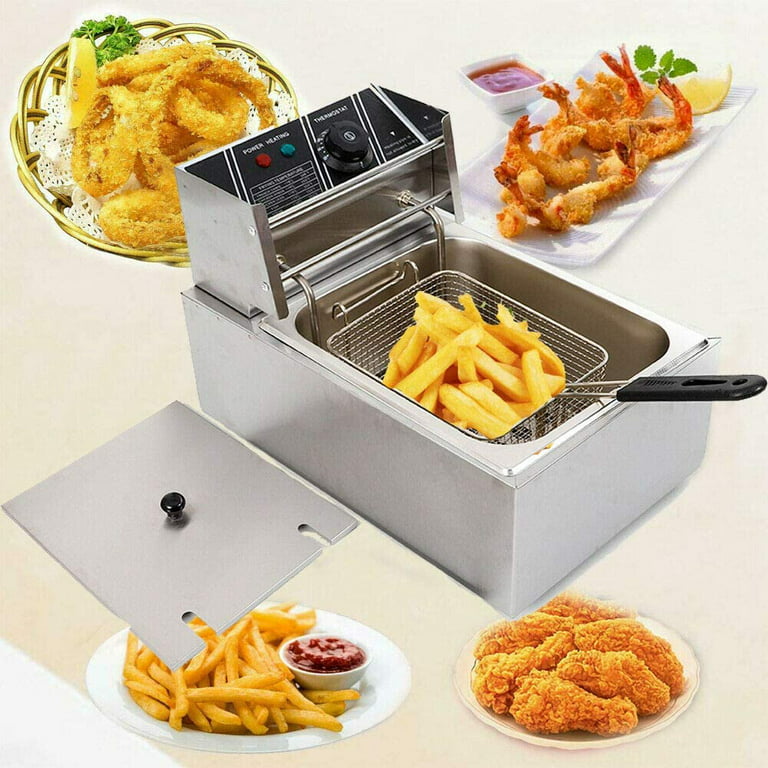 AKEYDIY RNAB095YS2YZP electric deep fryer with basket & lid, 1700w 6l  stainless steel commercial frying machine, countertop french fryer with  tempe