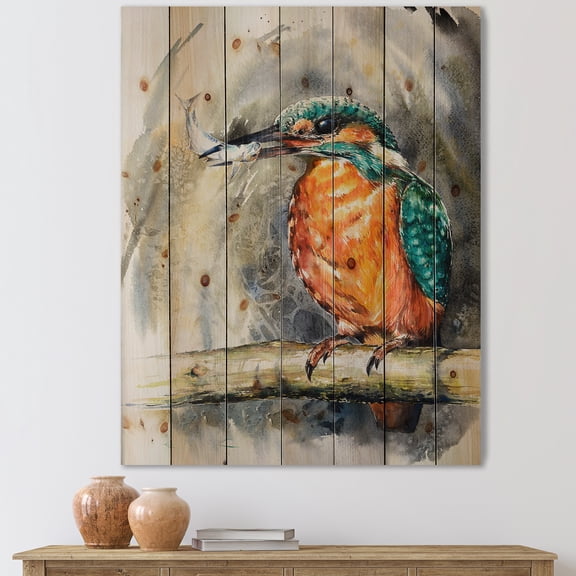 Designart 'Common Kingfisher On Branch Eating A Small Fish' Traditional Print on Natural Pine Wood