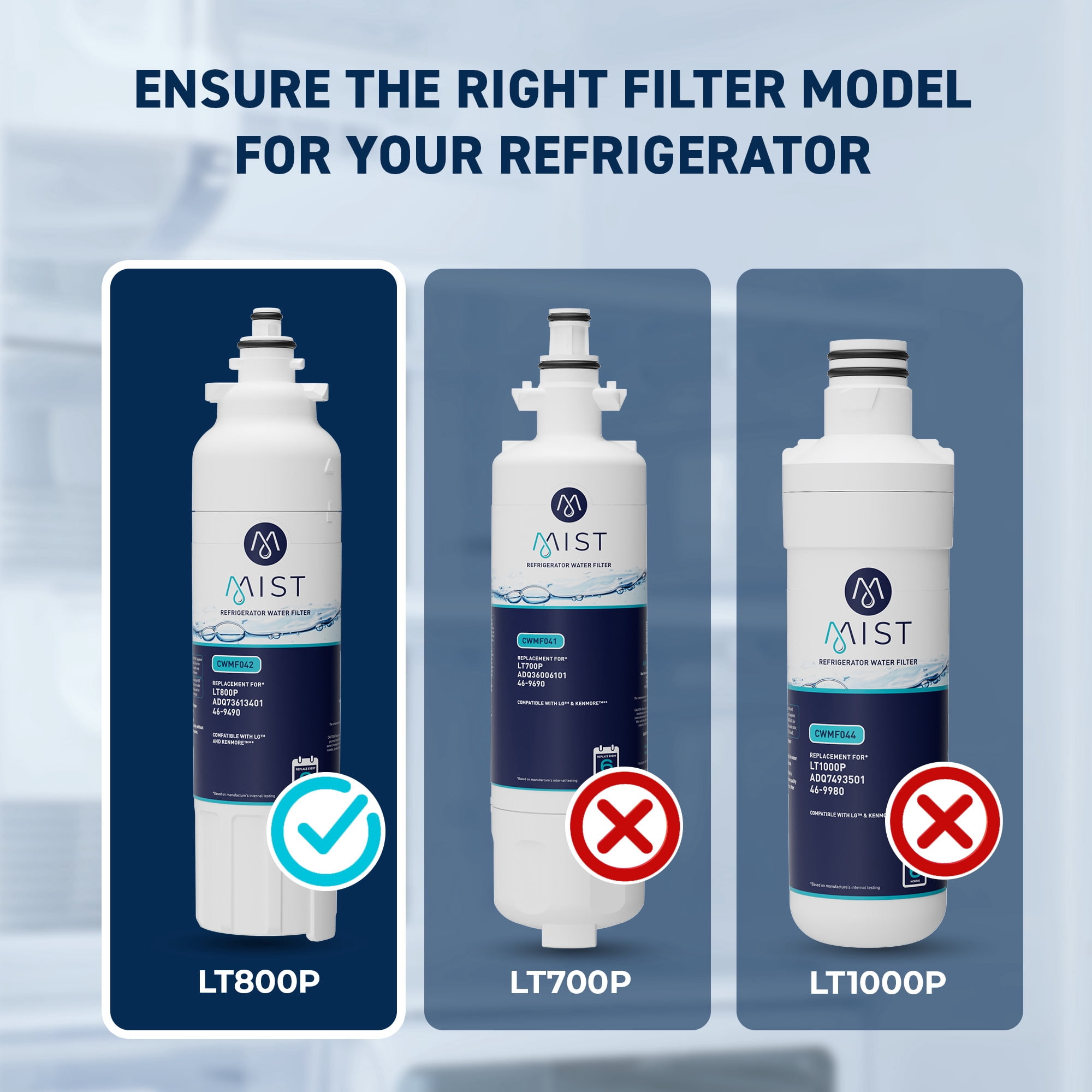 Mist LT800P Refrigerator Water Filter Replacement Cartridge for LG, Compatible with ADQ736134, LG ADQ736134, Kenmore 9490, 46-9490, 469490, ADQ73613402, LG LMXS30776S, LG LSXS26366S, 3-Pack